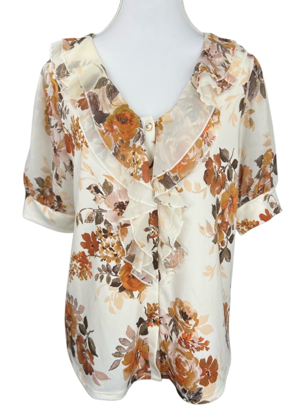 Perception Concept Floral Ruffle Blouse Women’s Small Ivory Sheer Button Front